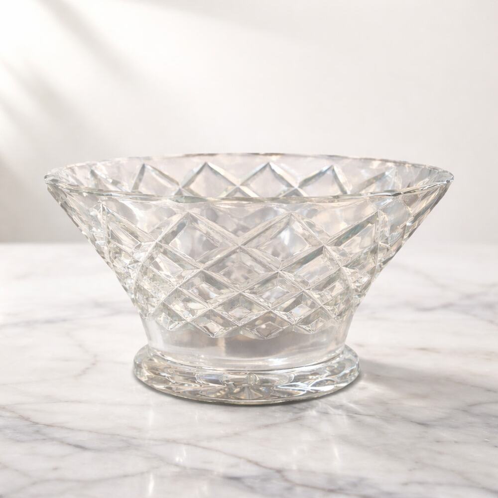 Vintage Heavy Cut Crystal Bowl Diamond Lattice Starburst Base Bohemian Style 8"